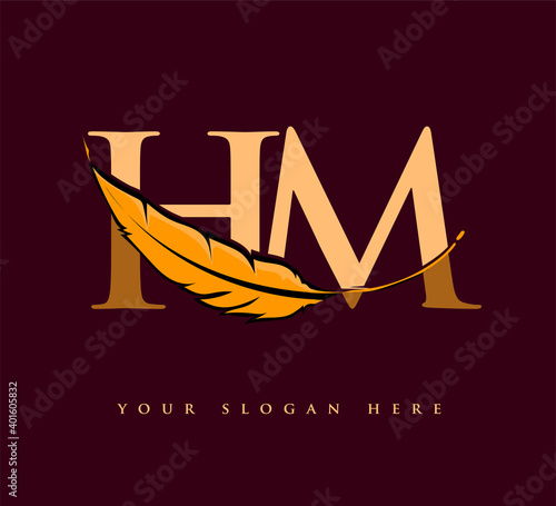 Initial letter HM logo with Feather Company Name, Simple and Clean Design. Vector Logo for Business and Company