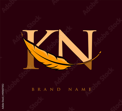 Initial letter KN logo with Feather Company Name, Simple and Clean Design. Vector Logo for Business and Company