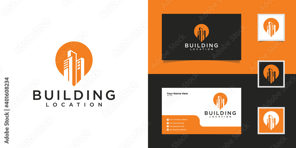 building and pin location logo design template and business card building and pin location logo design template and business card
