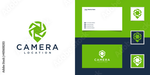 logo of a camera shutter shaped like a map pin for photography template and business card