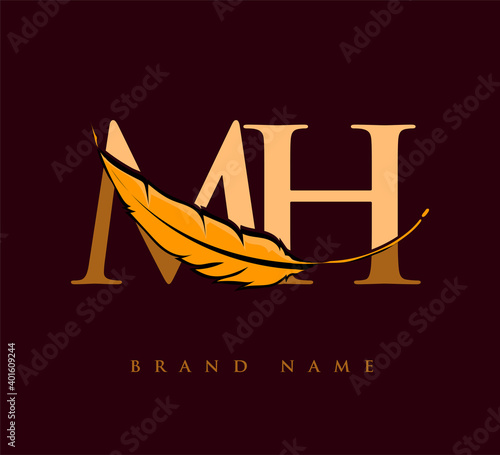 Initial letter MH logo with Feather Company Name, Simple and Clean Design. Vector Logo for Business and Company