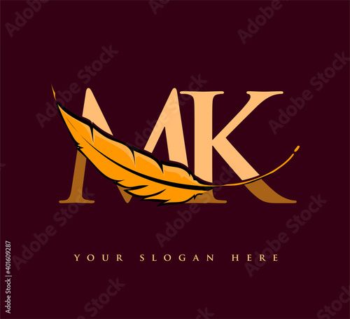 Initial letter MK logo with Feather Company Name, Simple and Clean Design. Vector Logo for Business and Company