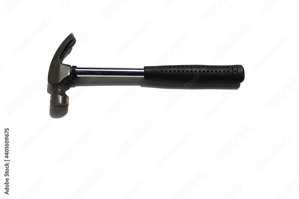 Iron hammer with rubber handle isolated on white background closeup. Iron hammer with rubber handle isolated on white background closeup.