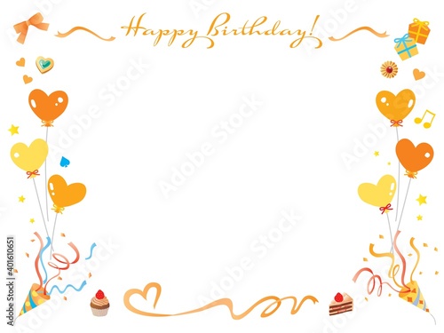 リボンやクラッカーやケーキのオレンジ色のお誕生日フレーム