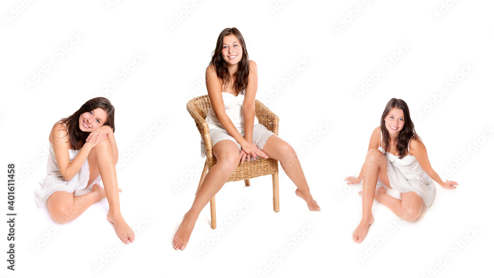 Three photos of a joyful young woman sitting on the floor and a wicker chair in front of white studio background Three photos of a joyful young woman sitting on the floor and a wicker chair in front of white studio background