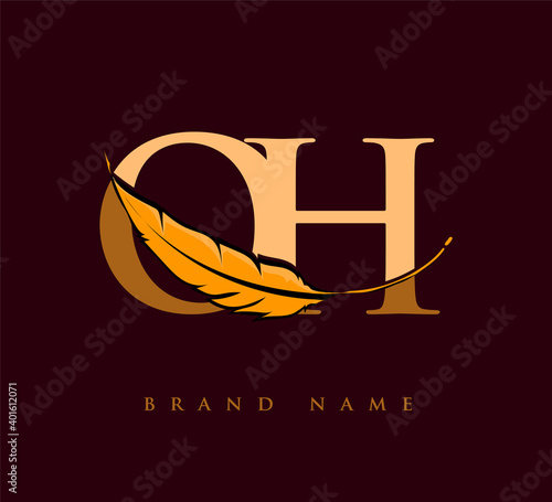 Initial letter OH logo with Feather Company Name, Simple and Clean Design. Vector Logo for Business and Company