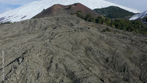 Aerial shot of Etna with a view of Monte Nuovo and the eruptive activities of 1763 and 1670 during the autumn. Etna, Sicily, Italy.