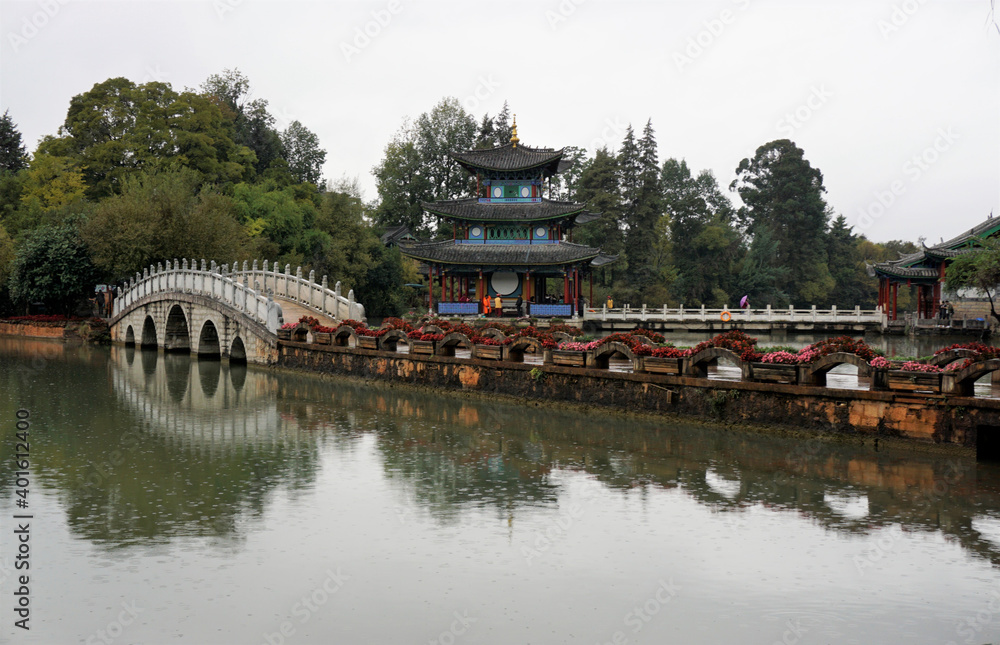 Fototapeta premium landscape of black dragon pool park in Li jiang city, yunnan , china