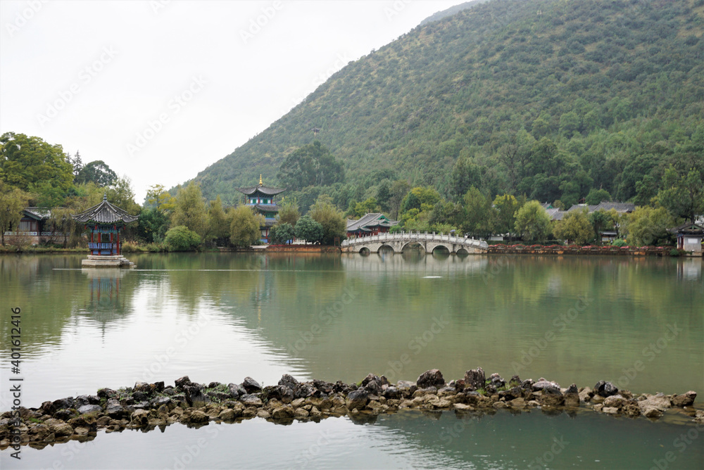 Fototapeta premium landscape of black dragon pool park in Li jiang city, yunnan , china