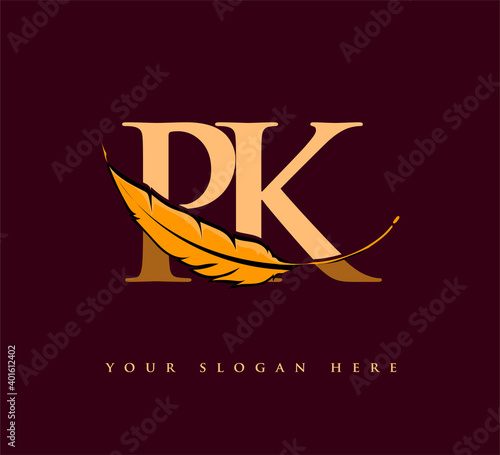 Initial letter PK logo with Feather Company Name, Simple and Clean Design. Vector Logo for Business and Company