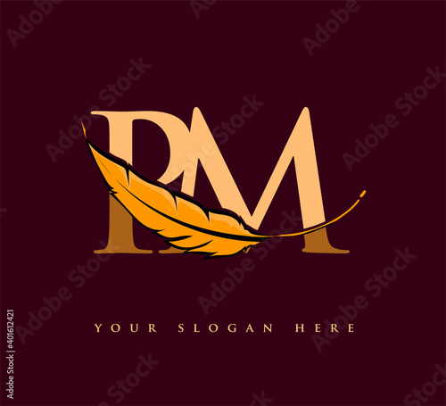 Initial letter PM logo with Feather Company Name, Simple and Clean Design. Vector Logo for Business and Company
