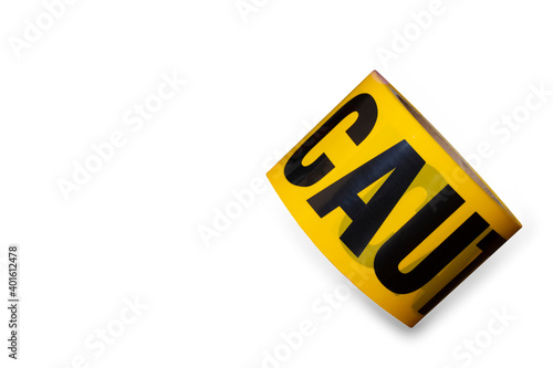 Canvastavla Roll of industry yellow caution tape isolated white background