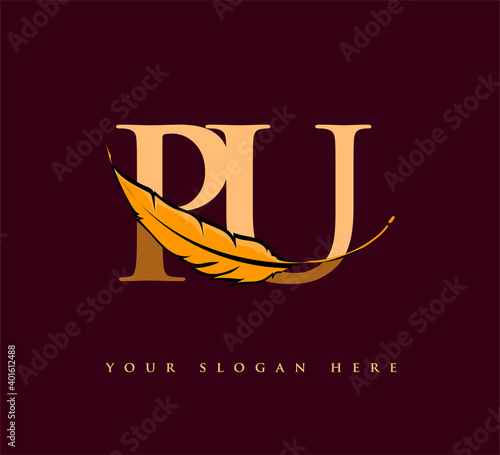Initial letter PU logo with Feather Company Name, Simple and Clean Design. Vector Logo for Business and Company