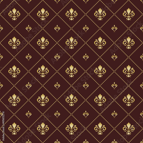 Seamless pattern. Modern geometric brown and golden ornament with royal lilies. Classic vintage background