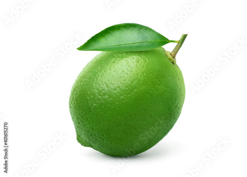 Fototapeta Green lime with leaf isolated on white background. Clipping path.