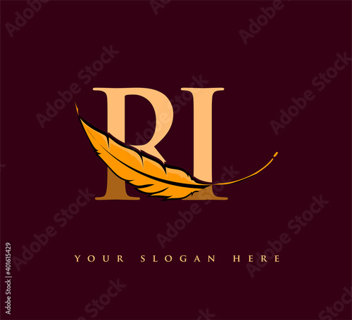 Initial letter RI logo with Feather Company Name, Simple and Clean Design. Vector Logo for Business and Company