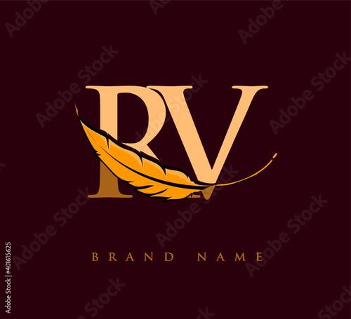 Initial letter RV logo with Feather Company Name, Simple and Clean Design. Vector Logo for Business and Company