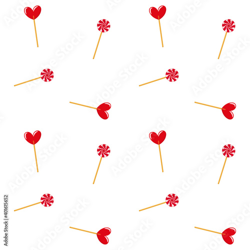 Seamless pattern with sweets hearts and lollipops. Red sweets on a white background. Textile wrap wallpaper design. Vector illustration © Olga Rai