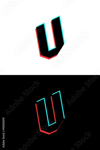 V letter font made of glitch, stereo effect. Dynamic, split red and blue color. For dj logo, electromusic posters, bright logo and more. Vector illustration photo