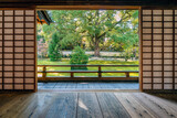 Gardens of Shoren-in Temple in Kyoto, Japan, in autumn, planted with Japanese maples and Camphor trees, seen through Japanese Shoji windows