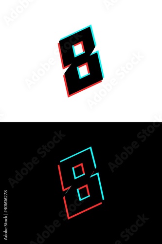 8 number font made of glitch, stereo effect. Dynamic, split red and blue color. For dj logo, electromusic posters, bright logo and more. Vector illustration