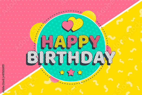 Happy birthday poster with holiday inscription in halftone style. Cute children's illustration with dots and lines in flat style.