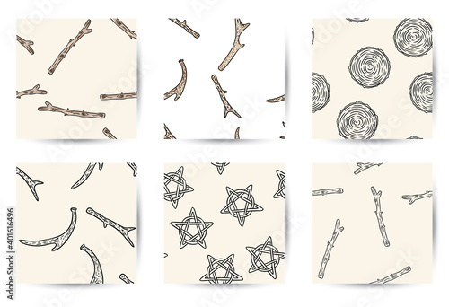 Set of indigenous rustic seamless border patterns. Doodle style comic antlers, twigs, pentagrams and wood cut sections hand drawn background tiles collection