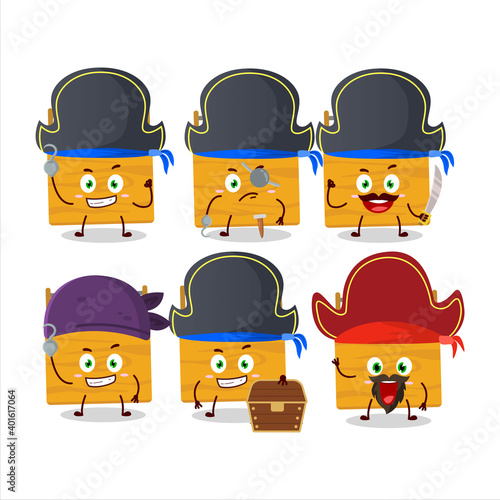 Cartoon character of wooden toolbox with various pirates emoticons