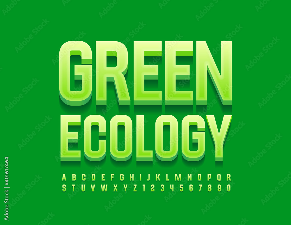 Vector bright sign Green Ecology. Artistic 3D Font. Trendy Alphabet Letters and Numbers Vector bright sign Green Ecology. Artistic 3D Font. Trendy Alphabet Letters and Numbers
