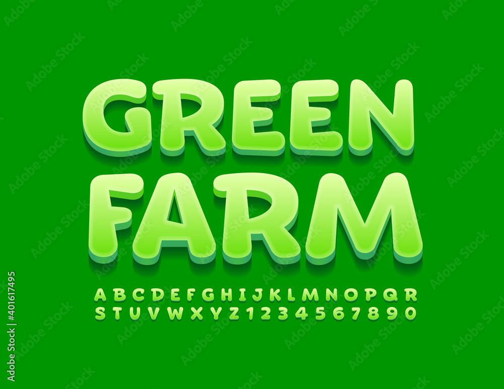 Vector eco emblem Green Farm. 3D Funny Alphabet Letters and Numbers set. Modern creative Font Vector eco emblem Green Farm. 3D Funny Alphabet Letters and Numbers set. Modern creative Font