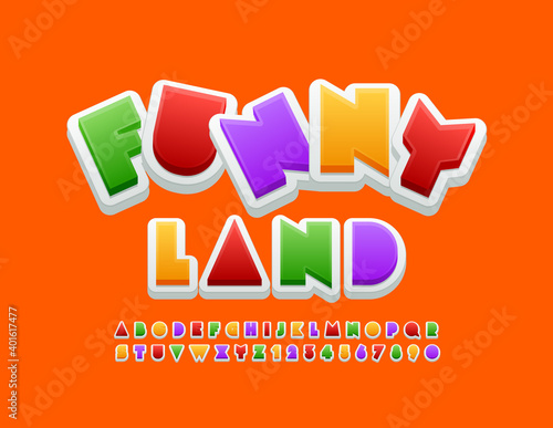Vector playful sign Funny Land. Abstract bright Font. Colorful Alphabet Letters and Numbers set