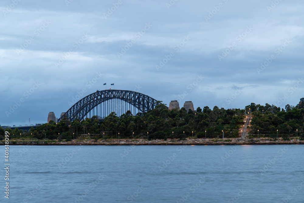 Sydney Harbour Bridge with cloudy sky.