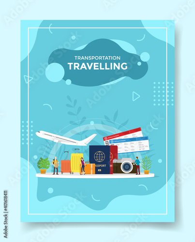transportation traveling people around suitcase plane passport ticket camera for template of banners, flyer, books cover, magazines with liquid shape style