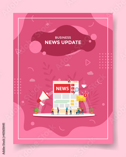 news update concept people around ui video playlist speaker message for template of banners, flyer, books cover, magazines with liquid shape style