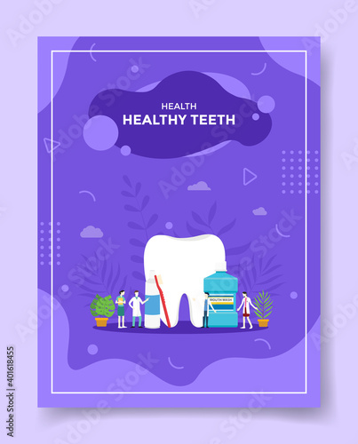 healthy teeth concept people orthodontist dentist doctor nurse patient around tooth paste brush mouth rinse for template of banners, flyer, books cover, magazines with liquid shape style