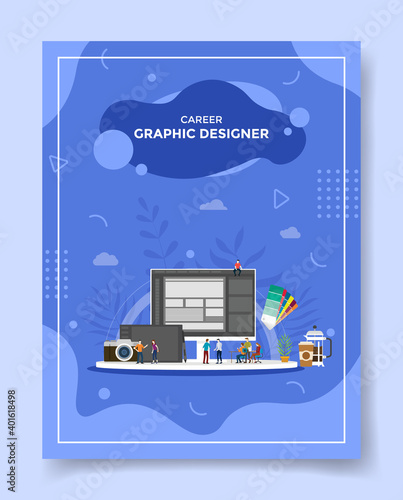 career graphic designer people around computer camera pad palette color coffee for template of banners, flyer, books cover, magazines with liquid shape style