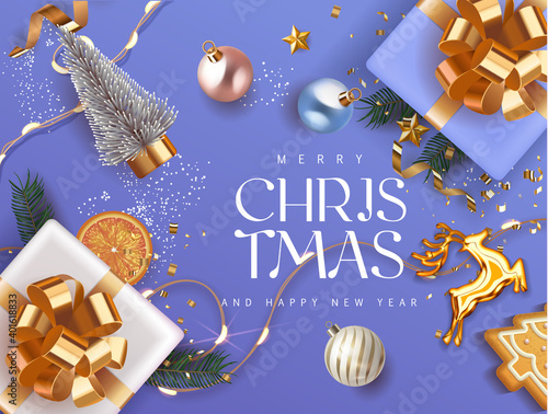 Merry Christmas and Happy New Year blue violet Holiday background with gift boxes with gold ribbon fir tree branches, christmass balls, gold deer and lights. Festive Xmas decoration in soft purple