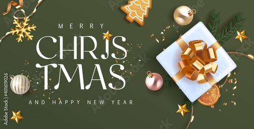 Merry Christmas and Happy New Year green Holiday background with white gift box with gold bow and fir tree , christmass balls, gold deer and lights. Festive Greeting Xmas decoration in green. Vector.