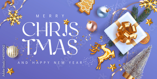 Merry Christmas and Happy New Year blue violet Holiday background with gift box with gold bow fir tree branches, christmass balls, gold deer and lights. Festive Xmas decoration in soft violet. Vector.