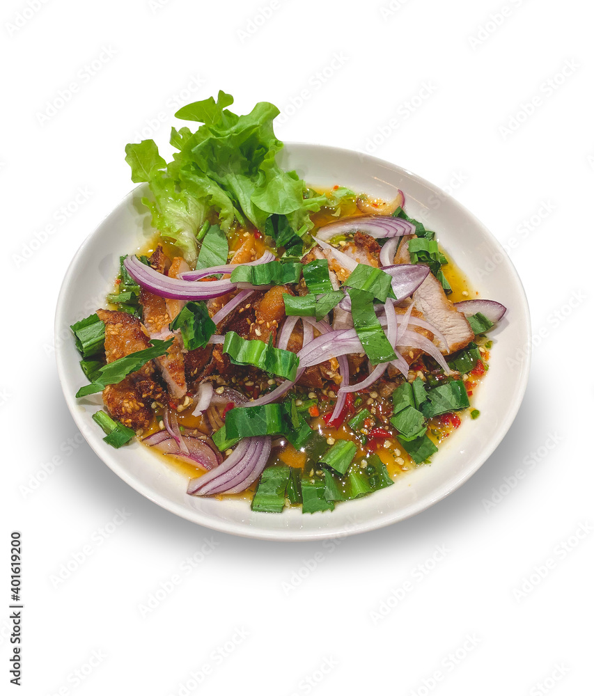 Crispy pork salad on a white background Crispy pork salad on a white background