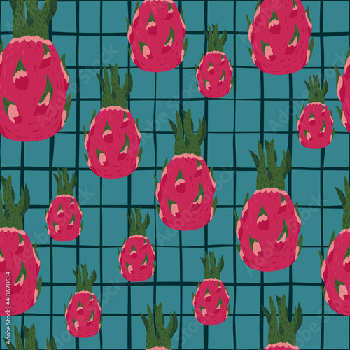 Random seamless doodle pattern with hand drawn pink pitahaya ornament on blue chequered background.