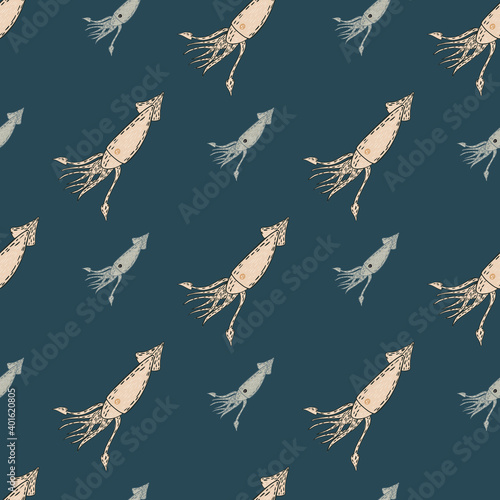 Underwater seamless pattern with beige and grey colored ocean squids ornament. Turquoise background.