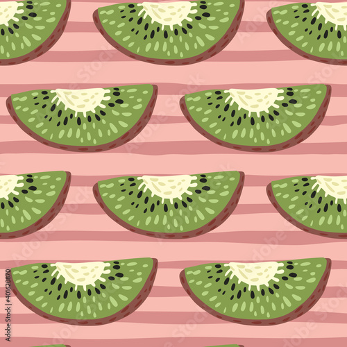 Abstract cartoon seamless pattern with simple green kiwi elements. Pink striped background.