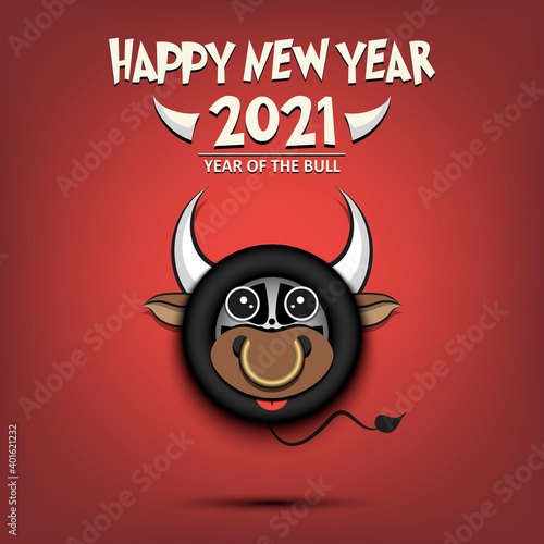 Happy New year. 2021 year of the bull. Cute muzzle bull in the form of a car wheel. Car wheel made in the form of a cow. Greeting card design template with for 2021 new year. Vector illustration