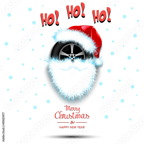 Merry Christmas and Happy New Year. Santa in the form of a car wheel. Car wheel with beard and santa hat. Greeting card design template with for new year. Vector illustration