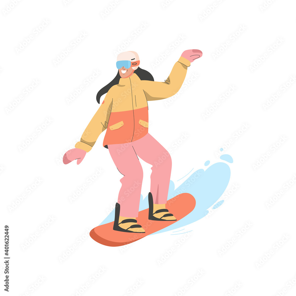 Woman in uniform is riding snowboard