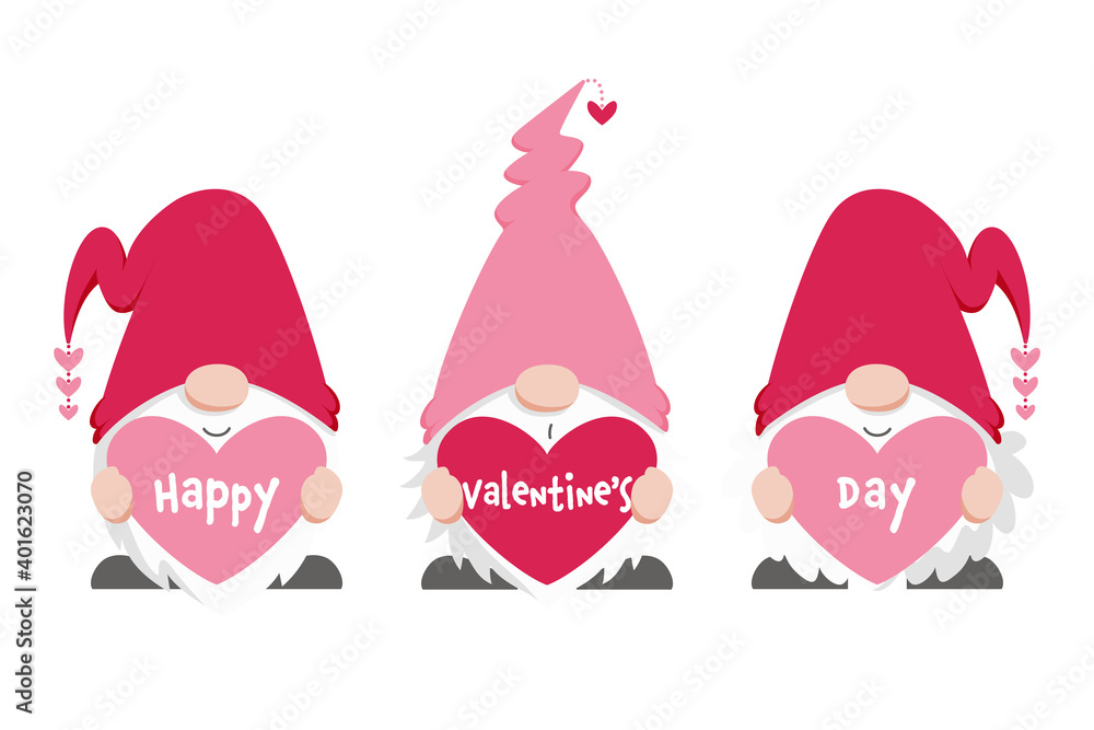 Obraz premium Three cute Scandinavian gnomes holding heart with 