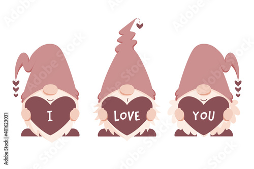 Three cute Scandinavian gnomes holding heart with "I Love You" message. Love themed gnome illustrations in earth tone, muted pastel colors. Flat vector illustration isolated on white background.