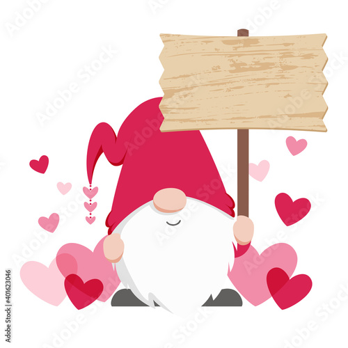 Cute Scandinavian gnome holding a wooden sign board, with hearts background. Love themed gnome illustration.
