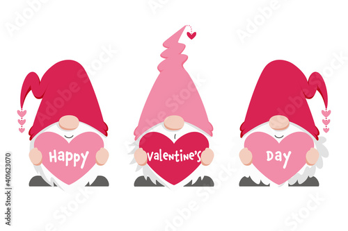 Three cute Scandinavian gnomes holding heart with "Happy Valentine's Day" message. Love themed gnome illustrations in bright pink colors. Flat vector illustration isolated on white background.